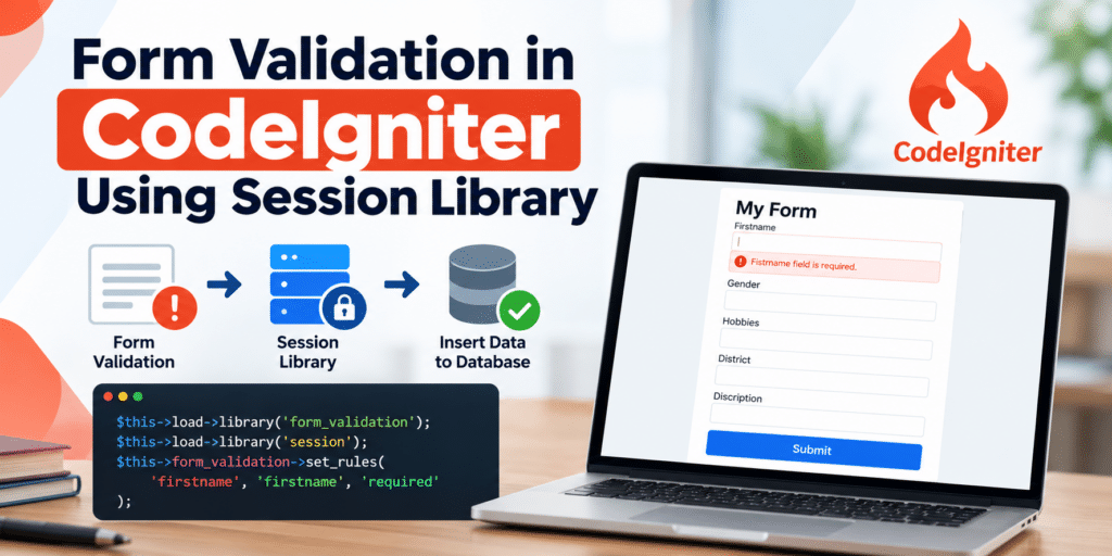 Form validation in CodeIgniter using the Session Library to validate user input and insert data into a MySQL database.