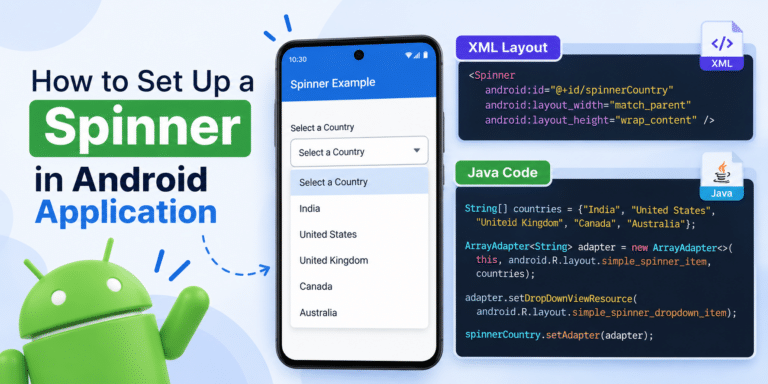 How to set up a Spinner in Android using Java and XML, with a dropdown menu and ArrayAdapter example.
