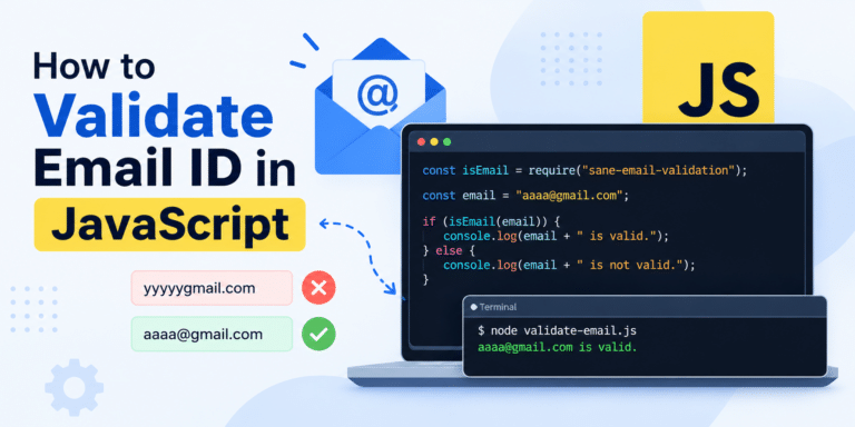 How to validate an email ID in JavaScript using Node.js with valid and invalid email examples.