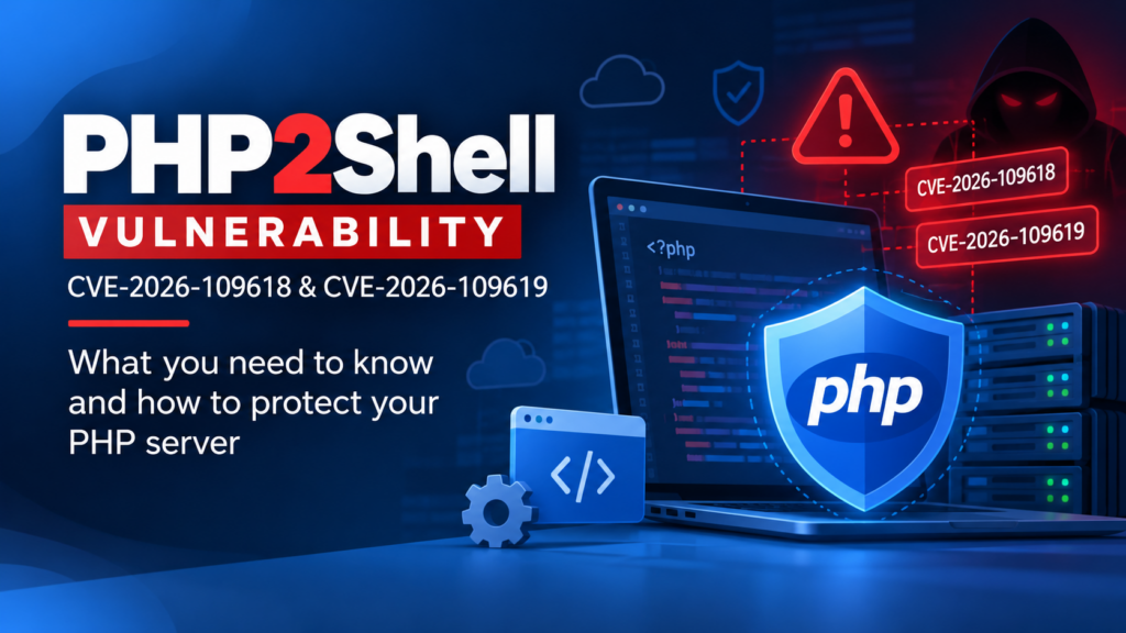 PHP2Shell vulnerability alert highlighting CVE-2026-109618 and CVE-2026-109619, with a PHP security shield, server infrastructure, and cybersecurity warning symbols illustrating PHP server protection.