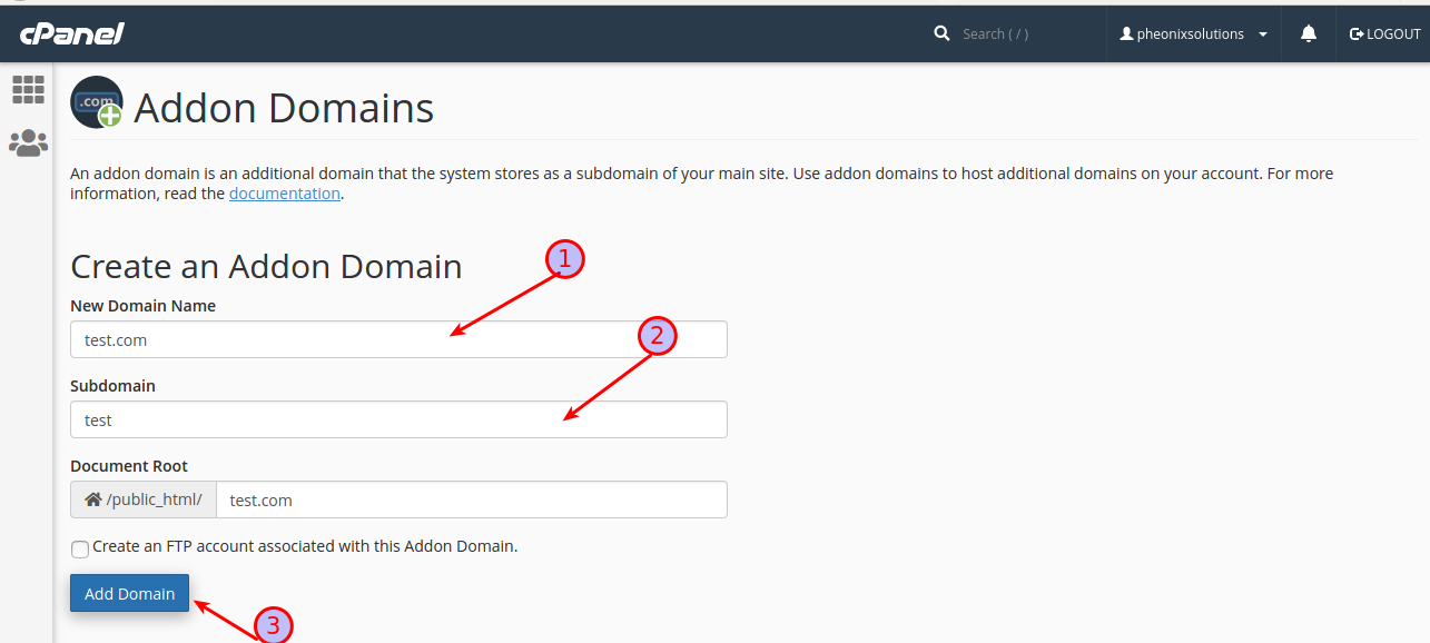 How to Add an Addon Domain in cPanel - PheonixSolutions Knowledge-Base