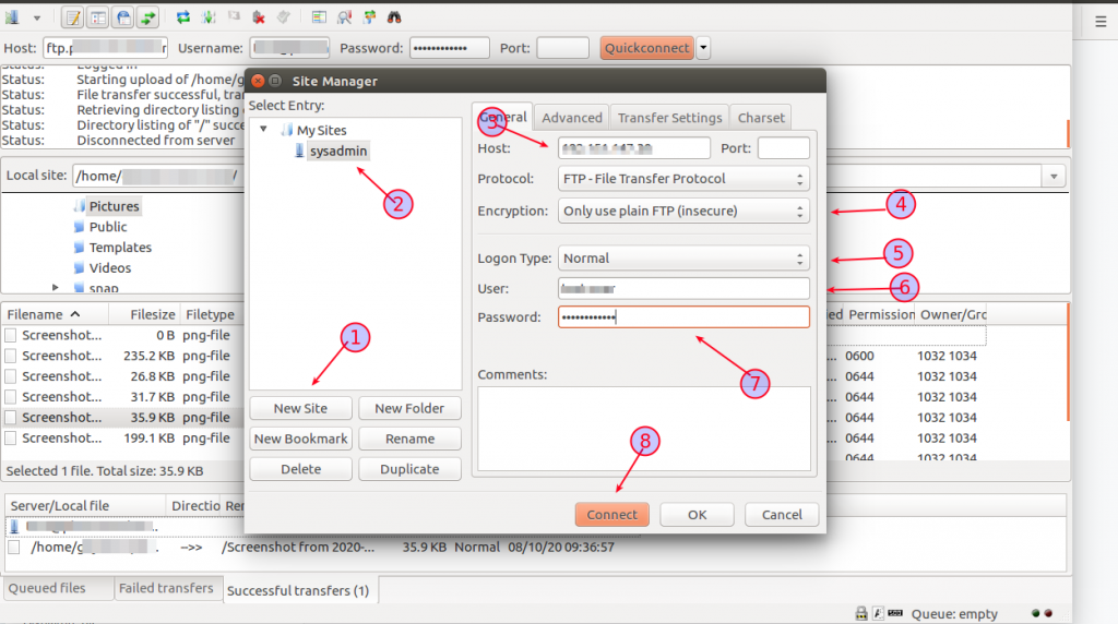 filezilla port number and password